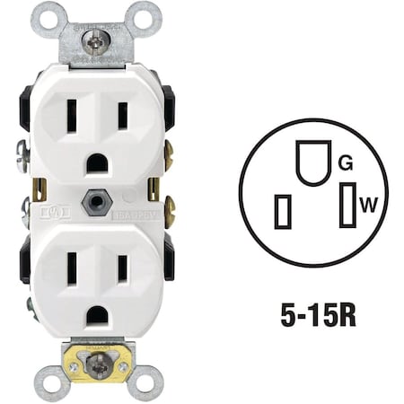 Leviton Straight Blade Receptacle, 5-15R, 15 A, 125V AC, 2 Pole, 3 Wire, Self-Grounded S02-0CR15-0WS
